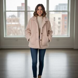 FEW MODA New York Teddy Jacket Medium beige Fuzzy coat large buttons collared